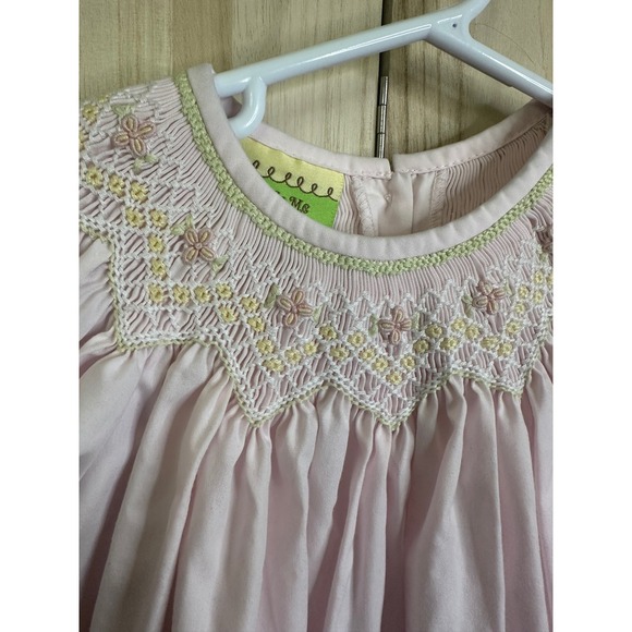 Le Za Me Pink Smocked Bishop Dress Girls 3T Puff Sleeve Button Back - Picture 3 of 8